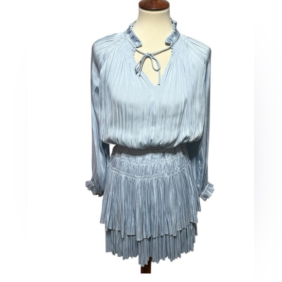 RESET by Jane Blue Pleated Tiered Mini Dress Sleeveless Halter Smocked Waist Sm - Picture 3 of 9